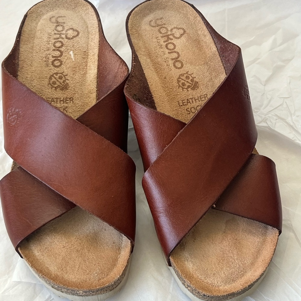 YOKONO Women's Brown Leather Cross-Strap Slide Sandals